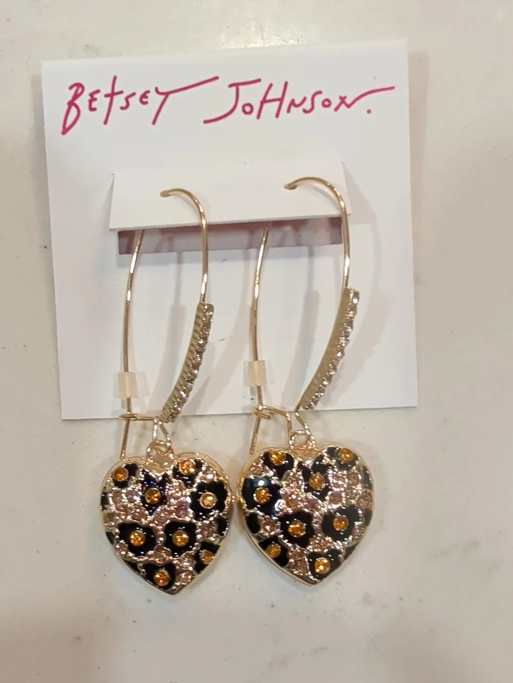 Betsey Johnson Gold Hoop Leopard Heart Dangle Earrings
